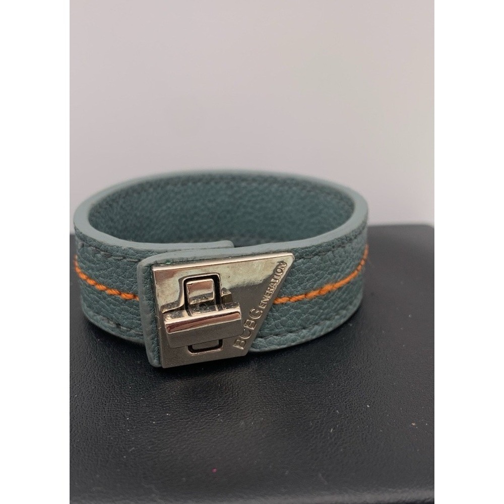 BCBG Generation Blue / Gray Leather Cuff Bracelet With Orange Thread